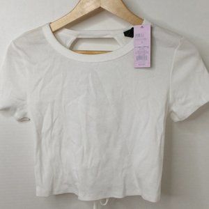 Women's White Tie-Back Short Sleeve Ribbed Top By BCI Size Medium